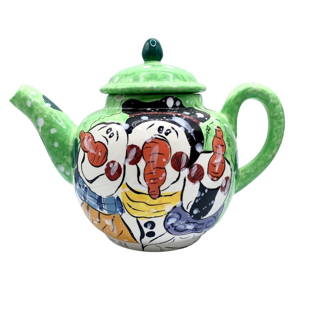 Enesco Tea Pot Snowman Mary Heather Gibbs Vintage Green Whimsical Holiday Rare